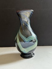Studio Art Glass Vase Ebony Blue Aqua Swirl 8  x4  Hand Blown VTG Artisan