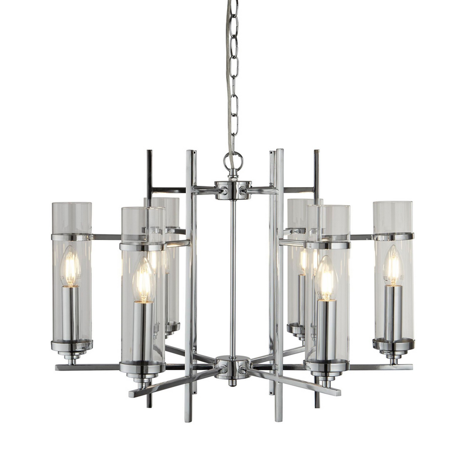 6 Lights Chrome Ceiling Fitting Pendant Light with Clear Glass Cylinder Shade