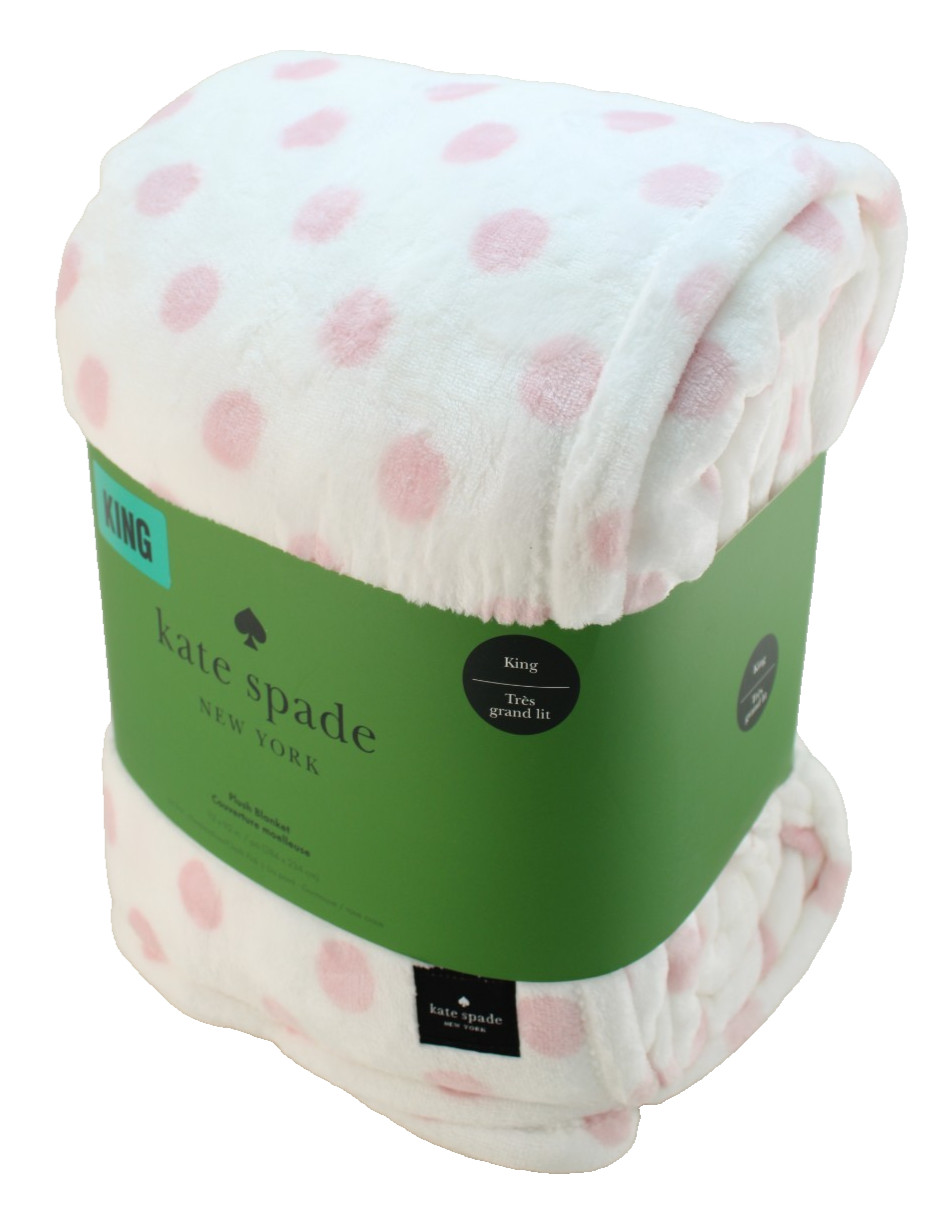 KATE SPADE King Size 112" x 92" Pink / White Polka Dot /Badge Logo Plush Blanket