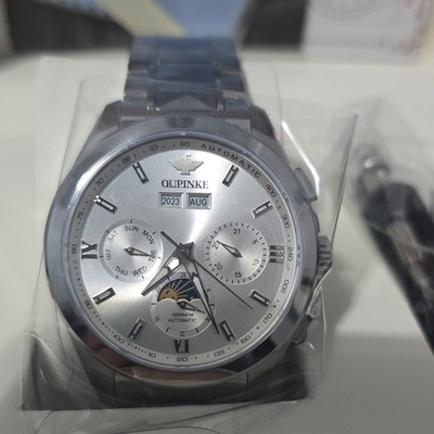 OUPINKE Men's Automatic Silver Stainless Steel Wristwatch Moonphase Date Day wi 