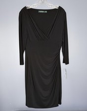 Lauren Ralph Lauren Dress 10 Black Ruched V Faux Wrap Sheath LBD 3/4 Sleeve Knee
