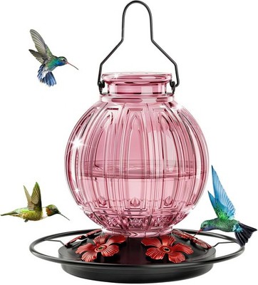 Glass Hummingbird Feeder Outdoors Hanging Bird Nectar Feeder W/ Perch & 5 Flower