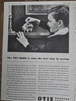 1934 Otis Elevator company boy piggy bank Vintage Original ad