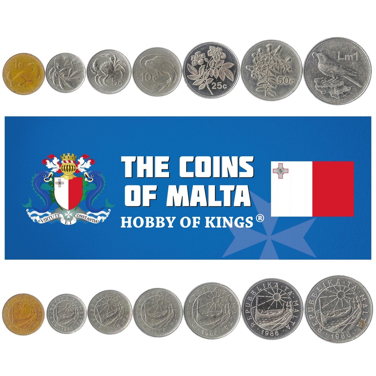 Maltese 7 Coin Set 1 2 5 10 25 50 Cents 1 Lira | Weasel | Malta