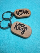 Matching Couple Her King His Queen Wood Engraved Keychains - Perfect for Anniver