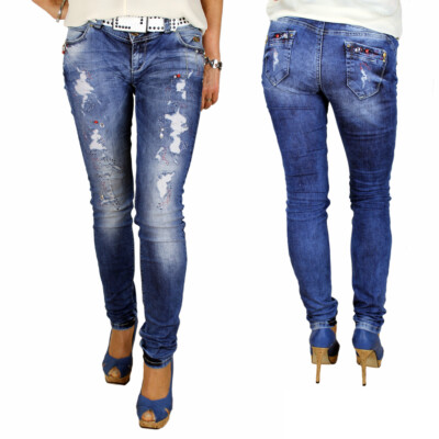 Cipo & Baxx Damen Denim Stretch Jeans Hose Strass Destroyed Jeanshose Blau  