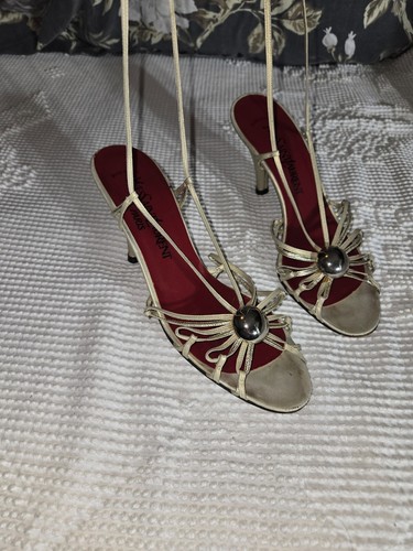 Vintage Yves Saint Laurent Gold Sandals Leather Strappy Heels Shoes Sz 7.5(8)YSL - Picture 1 of 10