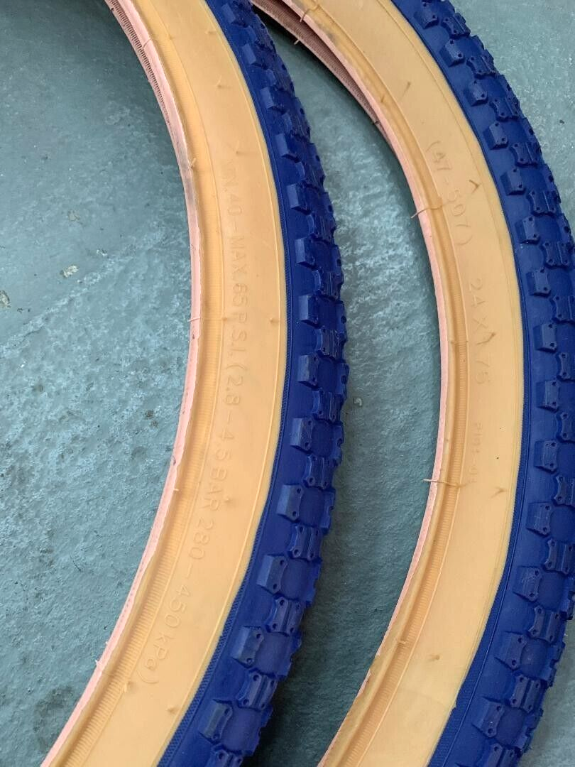 Lot 2 Pneus PRO+ 24 Pouces Pour Vélo BMX – Bleu Et Gomme, Avec Chambres à Air Et Fonds De Jante