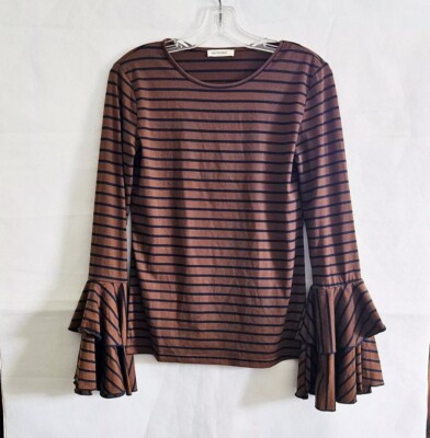 ANDTHEWHY Size Small S Top Striped Brown Blue Boutique