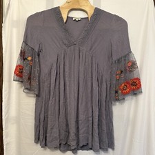 Umgee Dress Womens Size Small Gray Bell Sleeve Lace Floral Embroidered Boho
