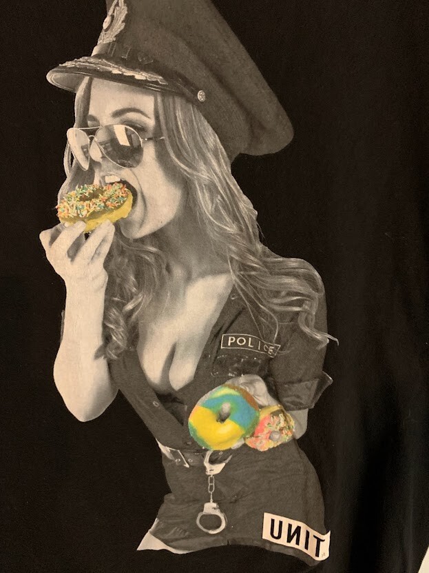 Graphic T-Shirt Men's size Lg Police Woman Cop Eating Donuts Black UNIT Brand