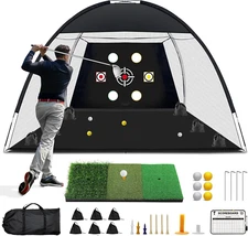 Golf Net, 10X7 Ft Practice Hitting Golf Net with Tri-Turf Mat, Ball, Tee, and Ca