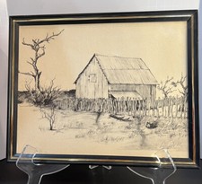 Vtg Billy Hicks Pencil Drawing Signed & Framed Barn Behind Picket Fence Etching