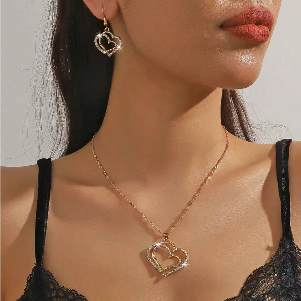 Conjunto de brincos femininos elegantes com pingente de coração de amor de zircônia cúbica - Imagem 2 de 4