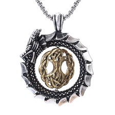 Mens Stainless Steel Viking Dragon Tree of Life Pendant Necklace