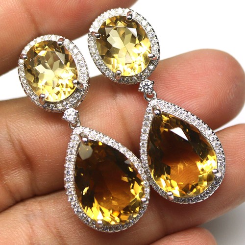 Gema Dorado Citrino Amarillo & Blanco Circonita Pendientes 925 Plata Oro Blanco - Imagen 2 de 4