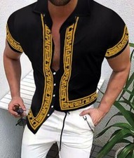 Button Down Shirt Men Black Gold Trim Short Sleeve Classic Fit Baroque Silky Tee