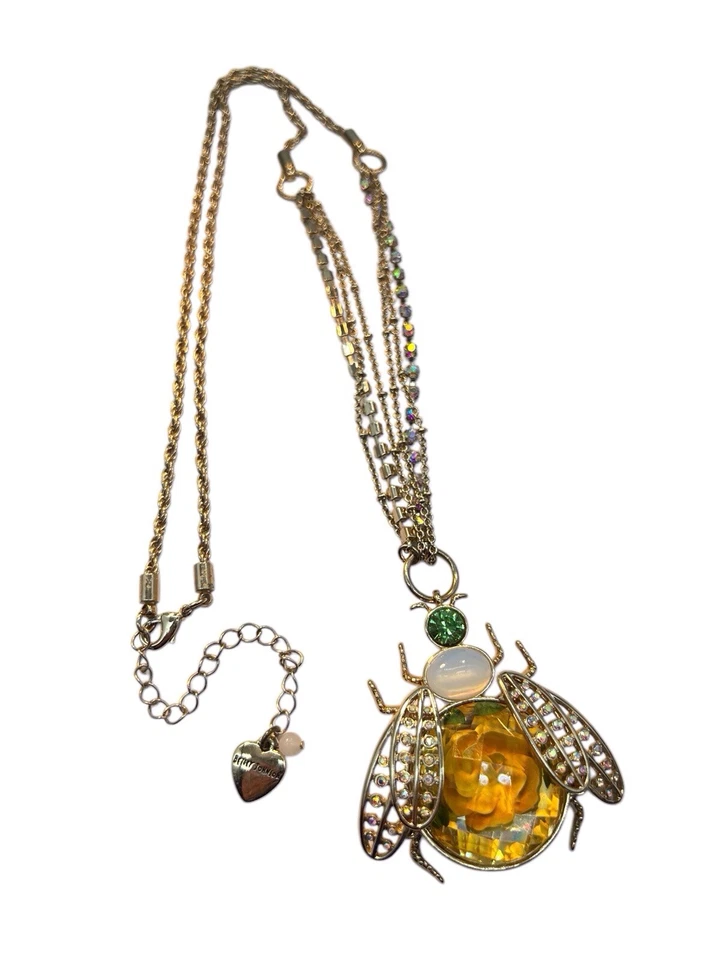 Betsey Johnson Ladybug Pendant Necklace Rhinestone Flower Moonstone Gold Tone A6 - Image 2 of 4