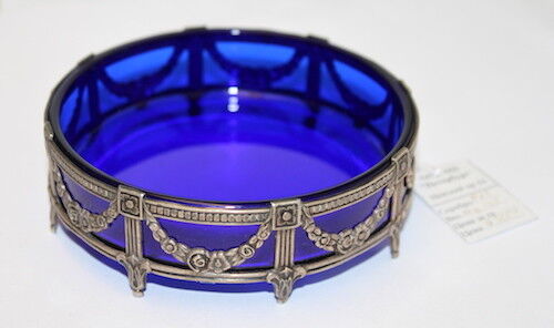 Vintage Cobalt Blue Glass Russian Silver 875 Ash Tray With Tag - Picture 2 of 5