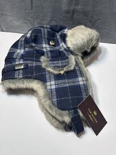 Fur Winter Wool Plaid Blue/Black/Gray Faux Fur Trapper Hat - Size M/L