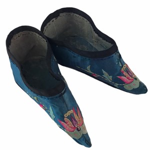 Antique Vintage Tiny Chinese Blue Silk Bound Feet Lotus Shoes Women's Textile