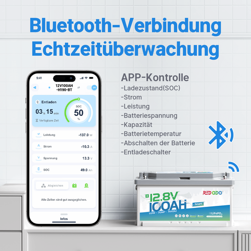 Bluetooth 12V 100Ah LiFePO4 Lithium Batterie 188mm Höhe mit Low Temp Schutz - Afbeelding 2 van 10