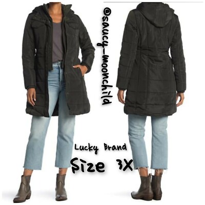 NEW Lucky Brand Women's Plus Size 3X Black Puffer Long Coat