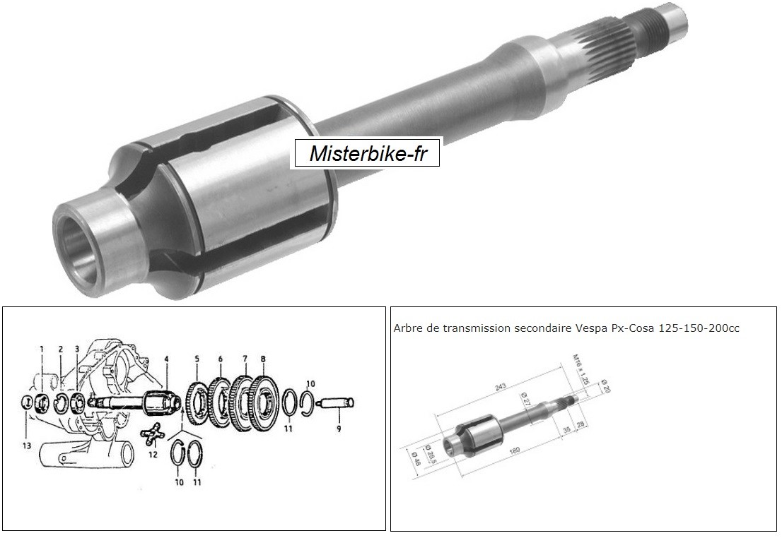 Arbre secondaire Vespa PX Corsa 125 piece transmission scooter 200cc OEM 235908