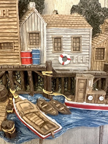 3D Resin Fisherman Town Relief Wall Art Fishing Boat Coastal Village Harbor - Picture 5 of 13