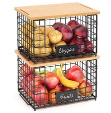 2 Pack Stackable Wire Baskets With Bamboo Top For Pantry Organizers And Storage
