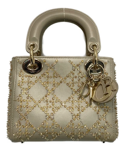 Mini sac à main Christian Dior Lady Dior cannage veau broderie beige