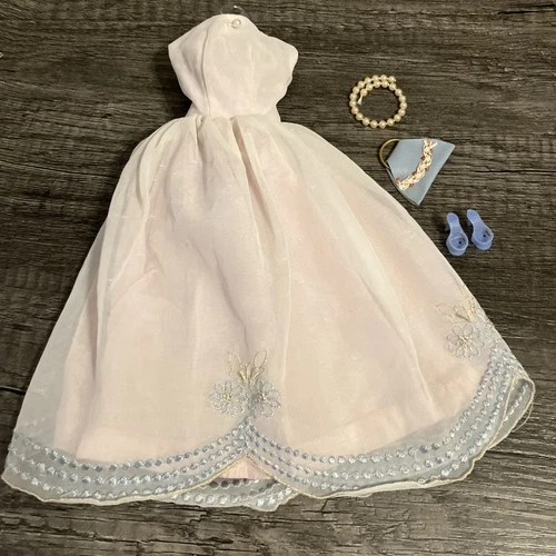 Vintage Barbie Size 1960s Outfit Set - Pink Chiffon Gown Dress & Accessories