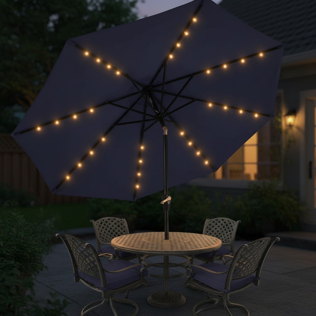 32 in patio umbrella Blissun 9 ft Solar LED Lighted Umbrella Table Market Umbrella with Tilt and Crank Outdoor Umbrella for Garden, Deck, Backyard, Pool and Beach (Navy Blue) : Patio Say goodbye to flimsy 6 GDY 9 FT 32 LED