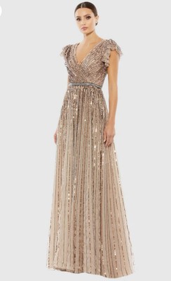 Mac Duggal 5502 Sz 12 Copper Beige Wrap Over Ruffled Cap Sleeve Long Gown $698