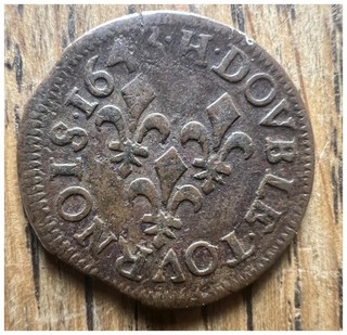 FRANCE 1643 H LOUIS XIII FRENCH OLD COIN GENUINE COLONIAL MONEY DOUBLE TOURNOIS