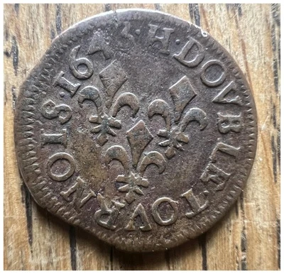 FRANCE 1643 H LOUIS XIII FRENCH OLD COIN GENUINE COLONIAL MONEY DOUBLE TOURNOIS - Image 1 of 3
