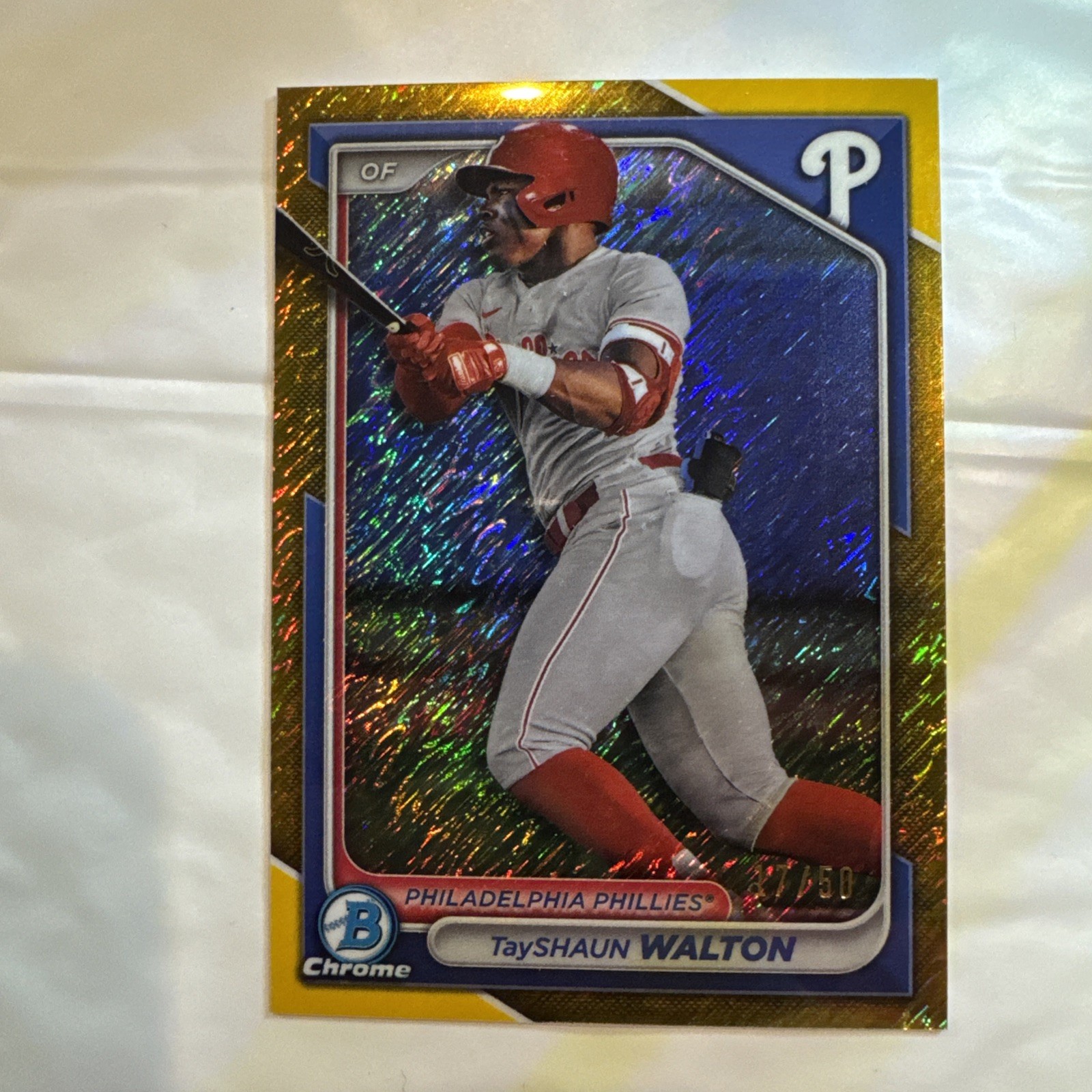 2024 Bowman Chrome Tayshaun Walton Gold Shimmer /50 Baseball Card Phillies Rooki