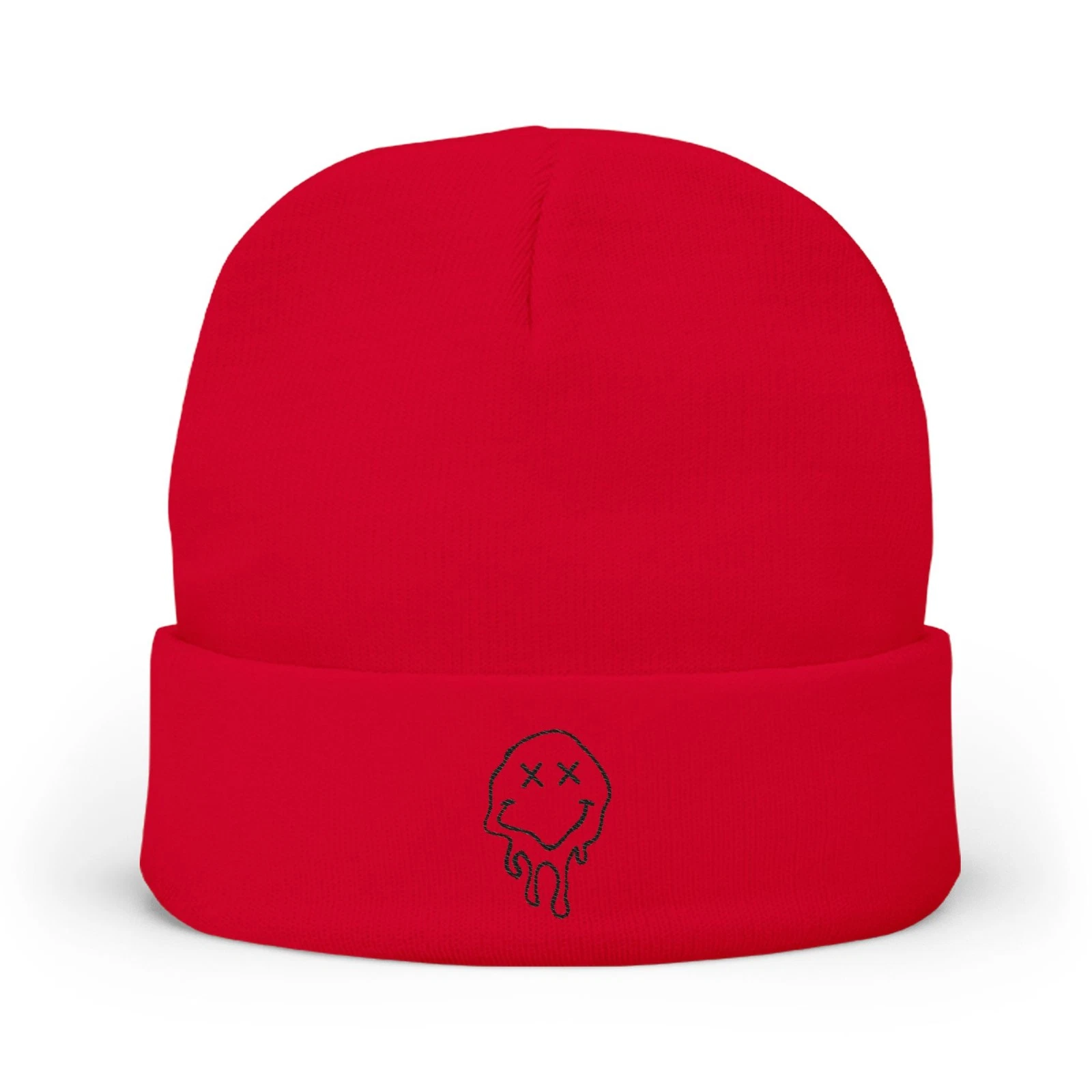 Dripping Skull Embroidery Knit Beanie | Black Cuffed Hat