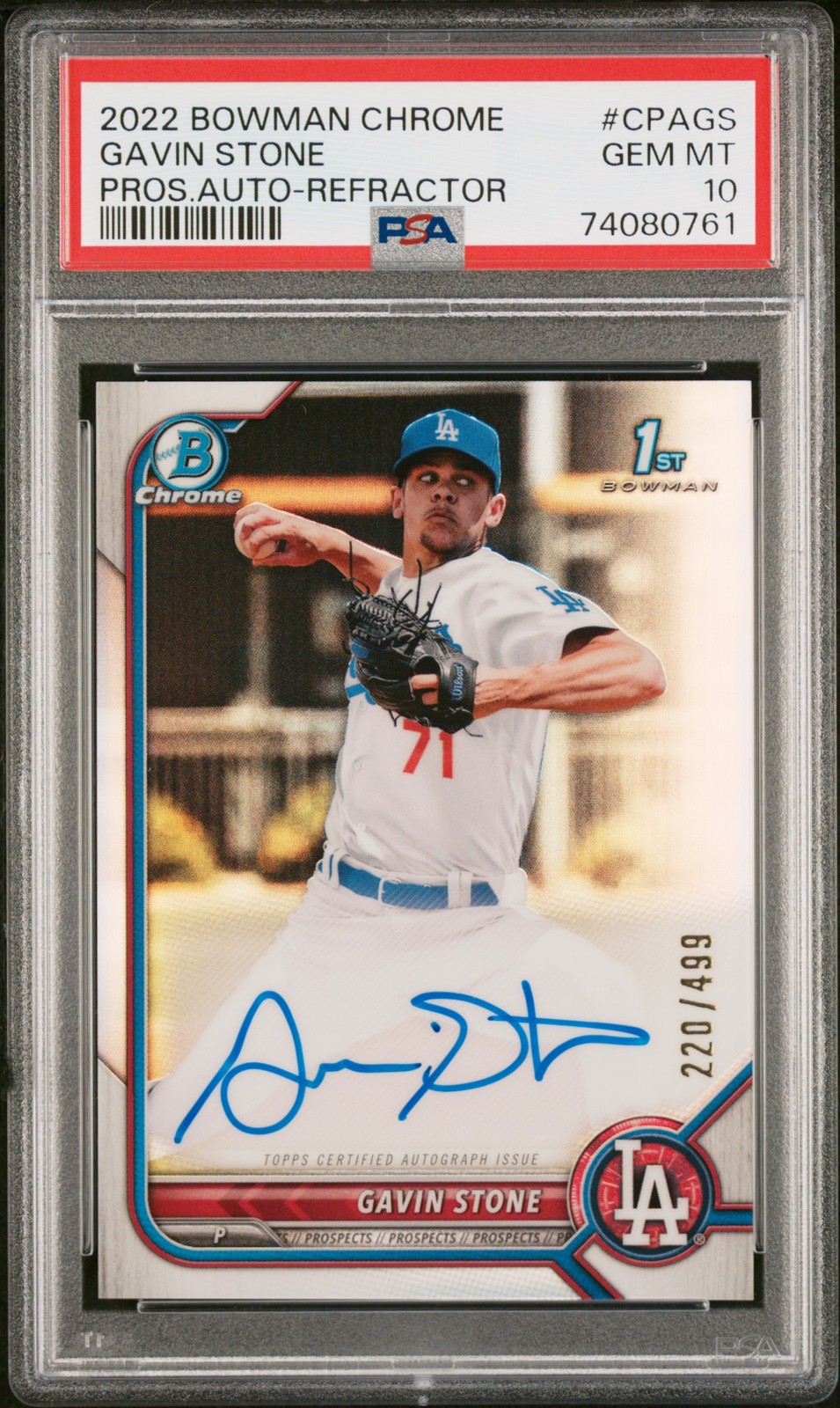 2022 BOWMAN CHROME PRSPCT AUTOS REFRACTOR #CPAGS GAVIN STONE 220/499 PSA 10 AUTO