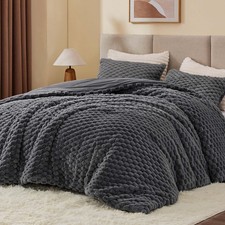 Fluffy Queen Comforter Set - Grey Fleece Soft Comforter for Queen Size Bed, L...