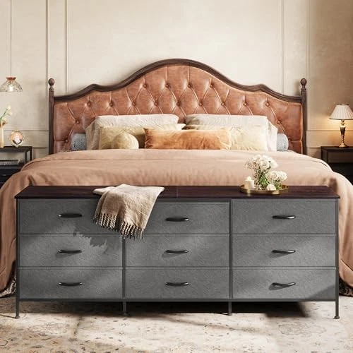  63 Inch Dresser for Bedroom, 13.8"D x 63"W x 26.8"H (9 Drawers) Dark Grey - Image 2 of 4