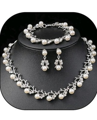 Pearl & Rhinestone Necklace Earrings & Bracelet Set Jewellery Set For Occasions