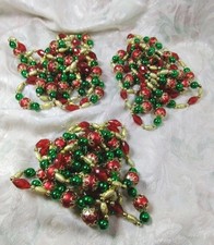 VTG Beaded Garland Metallic Green Red Gold/ Three Strands/ 282" / 23 Ft X 6 In