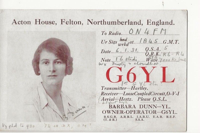 1931  G6YL  Northumberland England  Barbara Dunn (YL)   QSL radio postcard