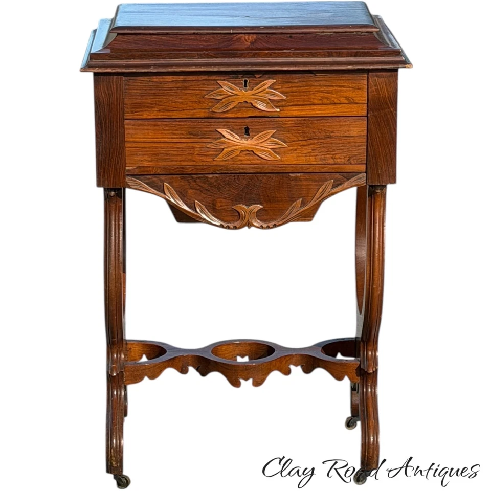 Antique Rosewood victorian sewing stand table work transitional 1870 classical - Image 2 of 4