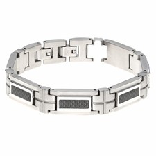 Stainless Steel Link Bracelet with Black Carbon Fiber Inlay For Men - 8.5 Inches