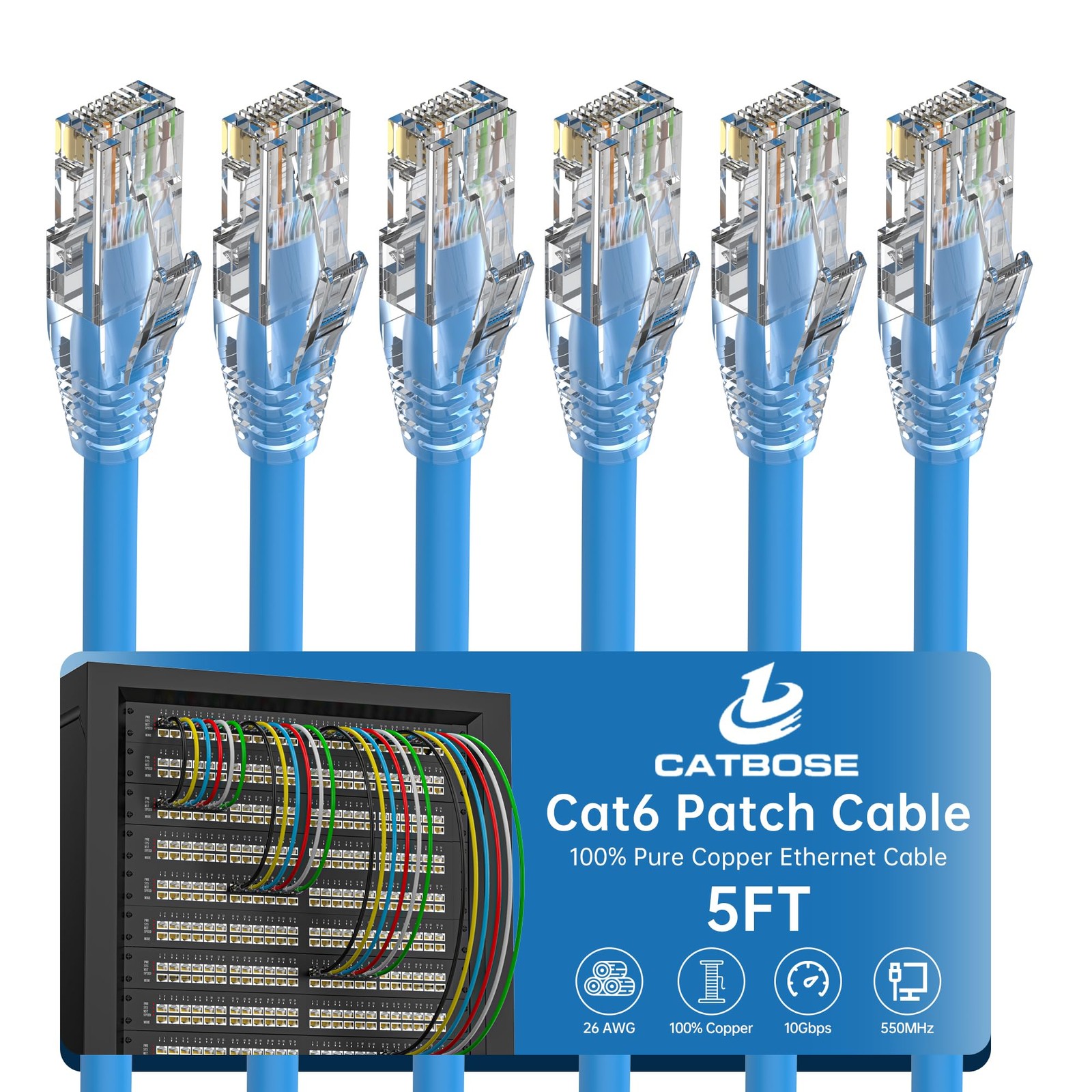 5ft Cat6 Ethernet Cable 6-Pack, Solid Copper Internet Patch Cords, High-Speed RJ45 Network Cables