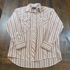 Wrangler Mens Western Pearl Snap Shirt Red Tan Striped X-Long Tails 17-34 XL VTG