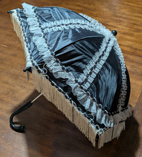 Black Lacy Parasol Umbrella with Tassels - Width 22   Handle 18  