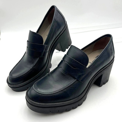 Fly London TOKY803FLY Navy Leather Chunky Platform Block Heel Loafers EU 40/US 9